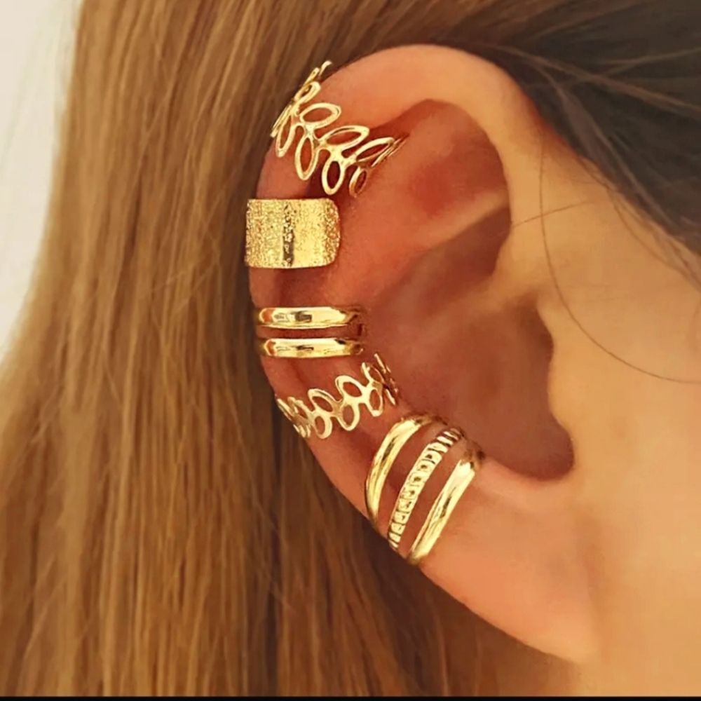 set of gold ear cuffs earrings, hair pieces